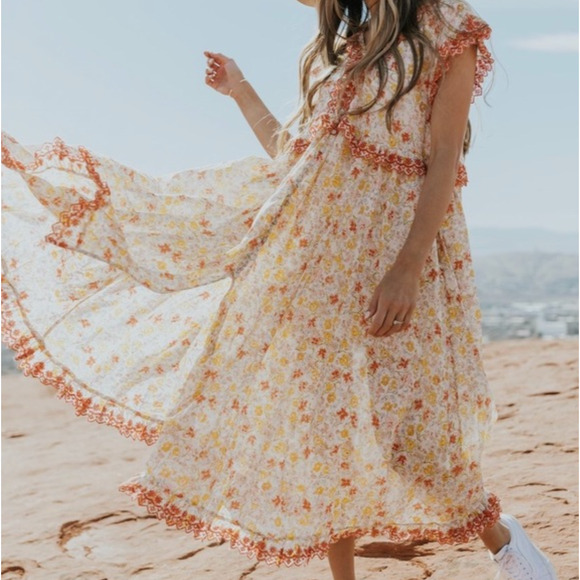 Free People Dresses & Skirts - FREE PEOPLE Milania Eyelet Ruffle Maxi Dress Confetti Combo Yellow Orange {RR10}